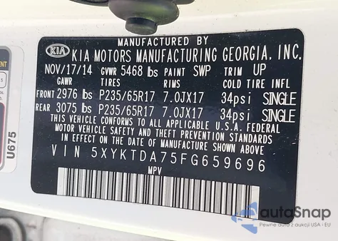 2015 Kia Sorento Lx V6 z USA, uszkodzony, nr VIN 5XYKTDA75FG659696